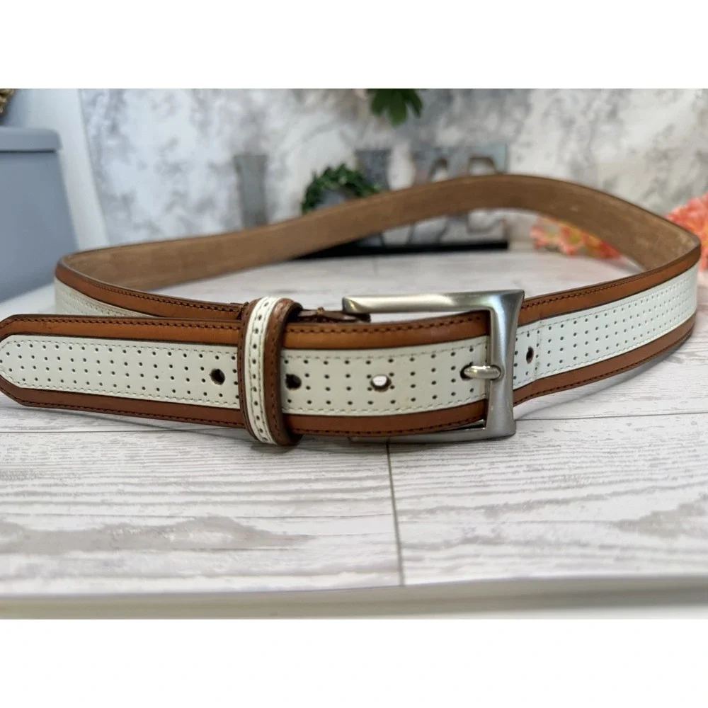 Vintage Brown and Ivory Perforated Leather Belt Men 45